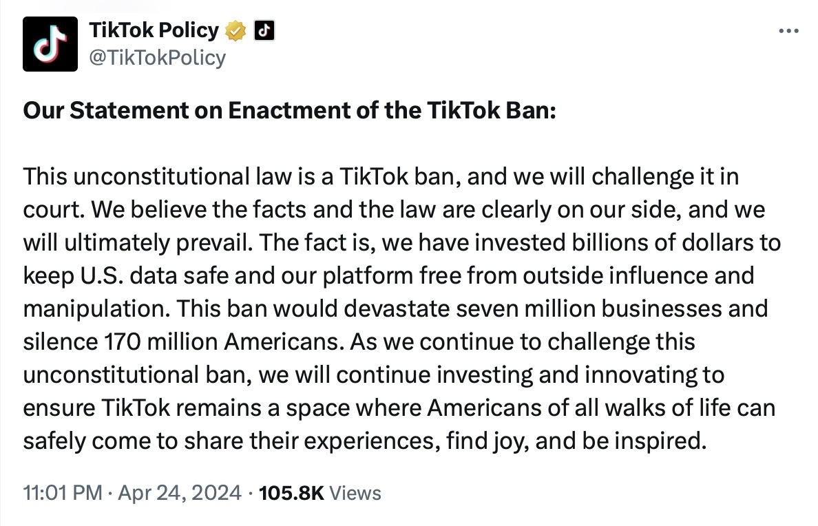 不剝離 就被禁，TikTok生死時刻：將在法庭上挑戰拜登簽署的禁令